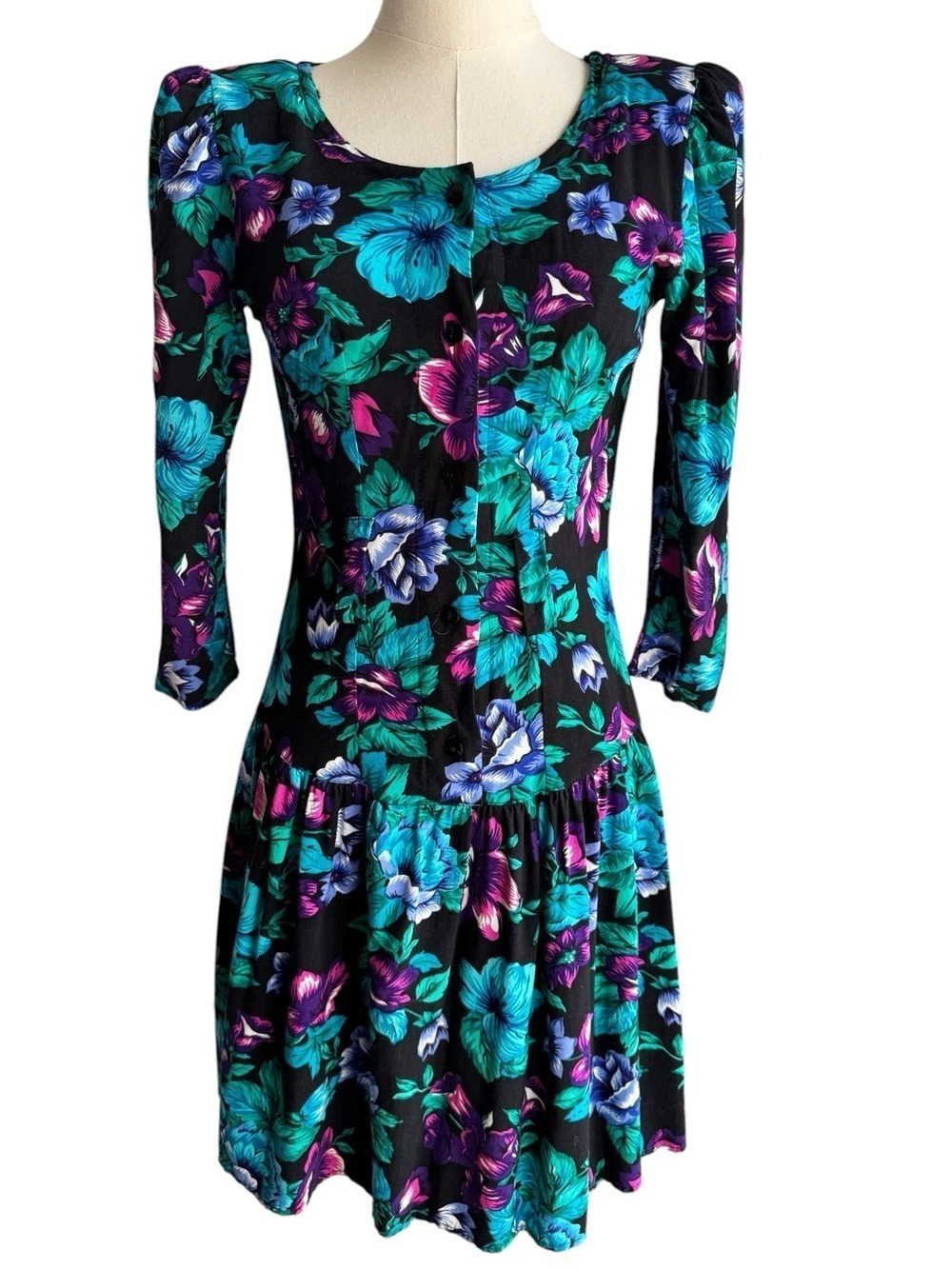 Vintage 80s 90s Floral Party Dress Sz 6 Small Short Cottagecore Drop Waist Jewel